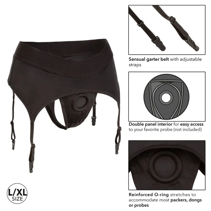 CalExotics Boundless THONG WITH GARTER BELT LXL Strap On Harness Black Female Sex Toys