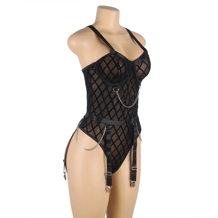 FRISKY BUSINESS SG Male Sex Toys Bodysuit 2 Pcs Mesh Chain Lingerie with Garter Belt