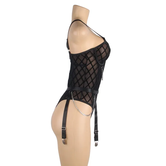 FRISKY BUSINESS SG Male Sex Toys Bodysuit 2 Pcs Mesh Chain Lingerie with Garter Belt